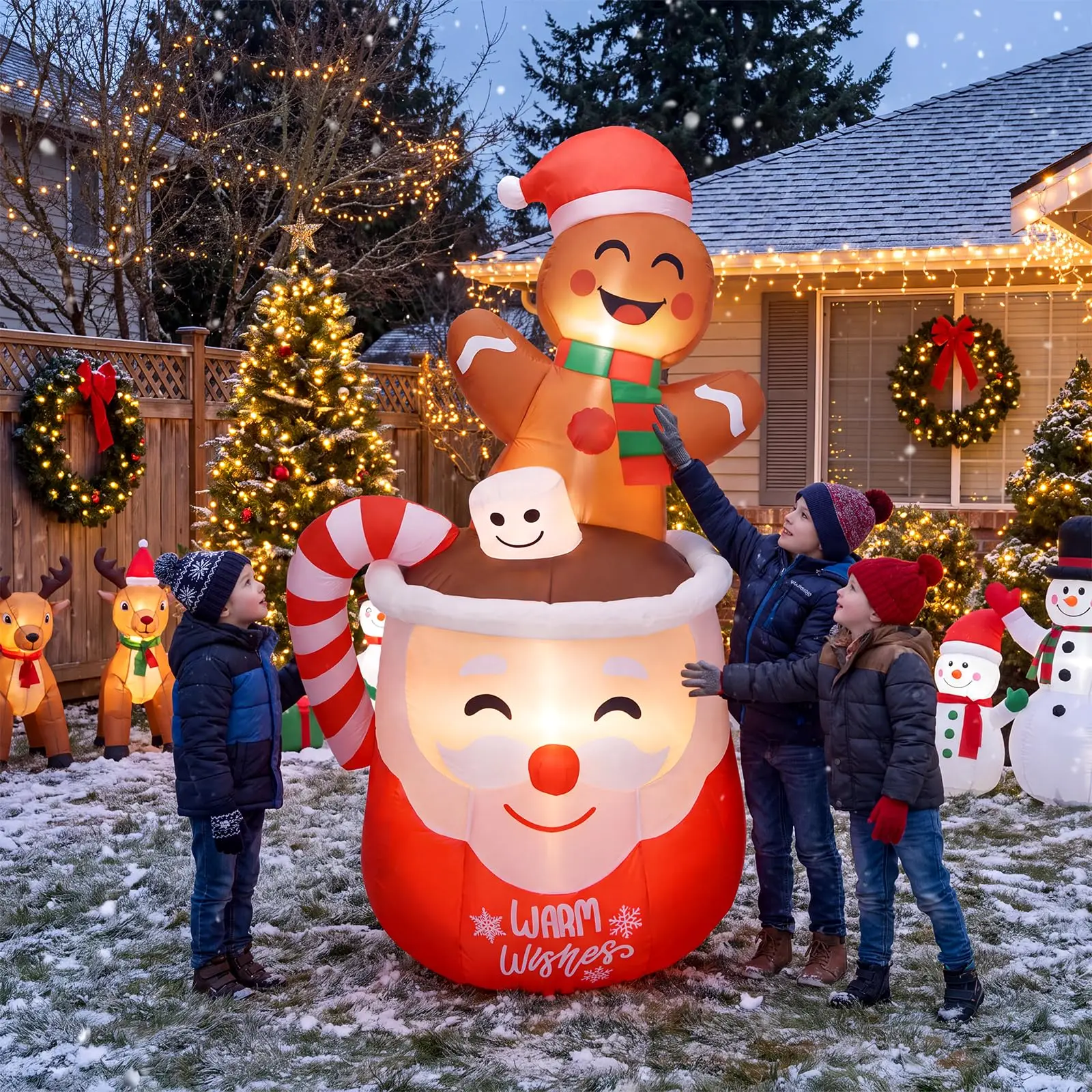 6 Ft Christmas Gingerbread Inflatable With LEDs, Blow Up Hot Cocoa Mug, Yard Decoration, Warm Wishes Sign For Lawn Garden Patio Decor 7