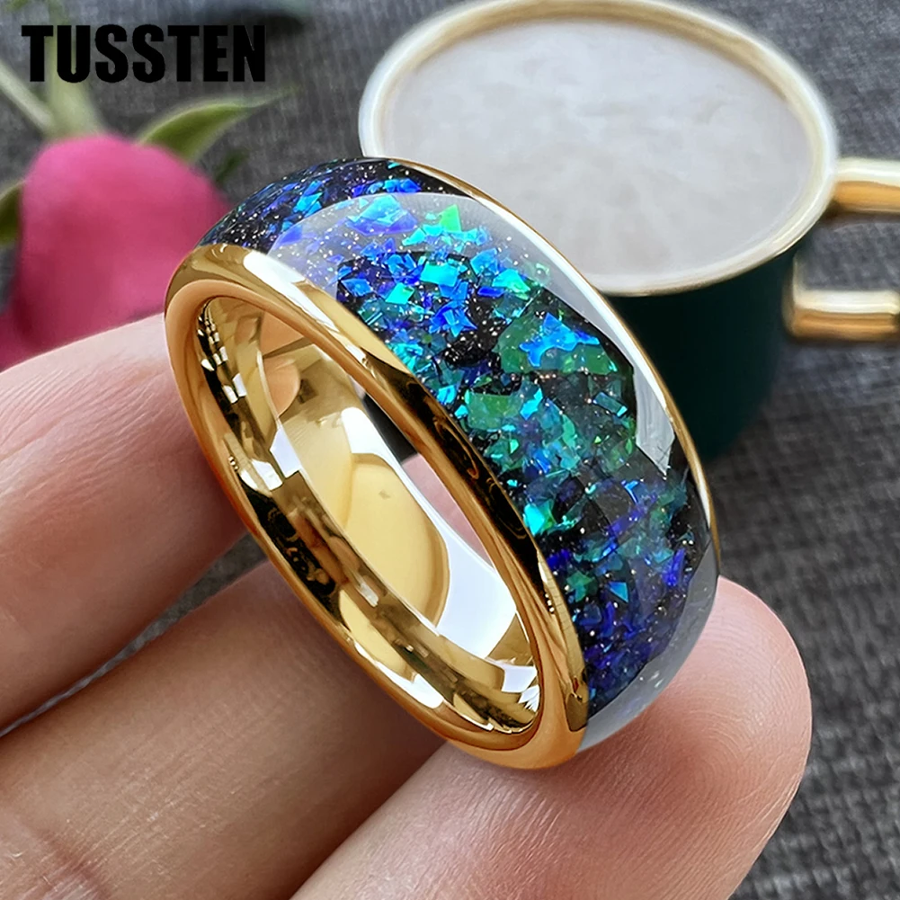 

TUSSTEN Men's and Women's 8mm Tungsten Carbide Wedding Ring Shining Blue Green Fragments Engagement Band Domed Polished Shiny