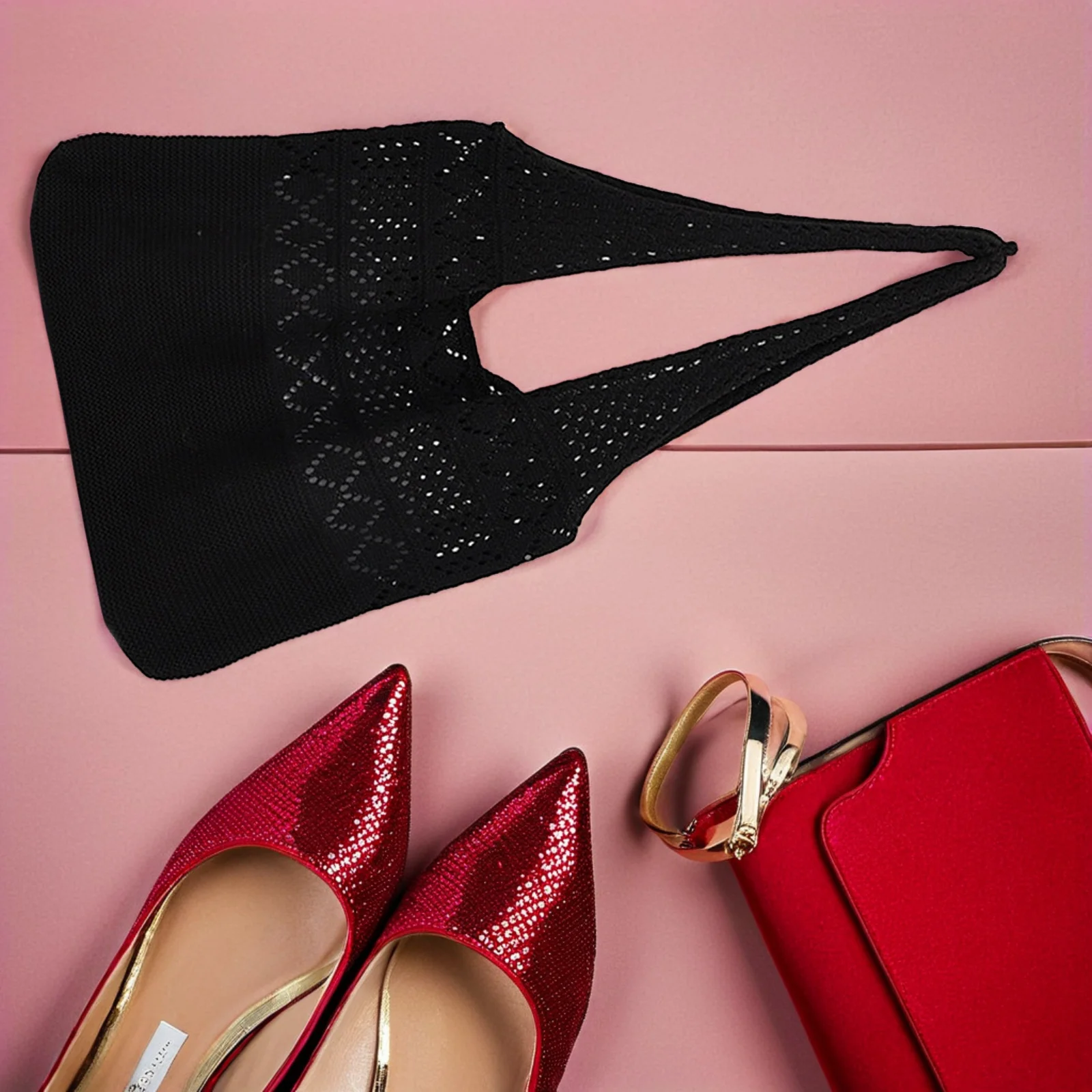 1 قطعة محبوك جوفاء المرأة حبال سوداء خفيفة الوزن حمل حقيبة كتف محبوك حقيبة سيدة محفظة السفر عطلة التسوق