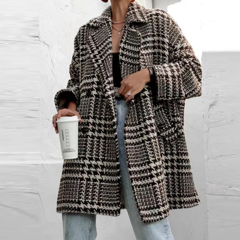 Herbst Winter Plaid Gedruckt Lose Jacke Frauen drehen-unten Kragen Lange Ärmeln Woolen Mantel Elegante Büro Tasche Taste Oberbekleidung