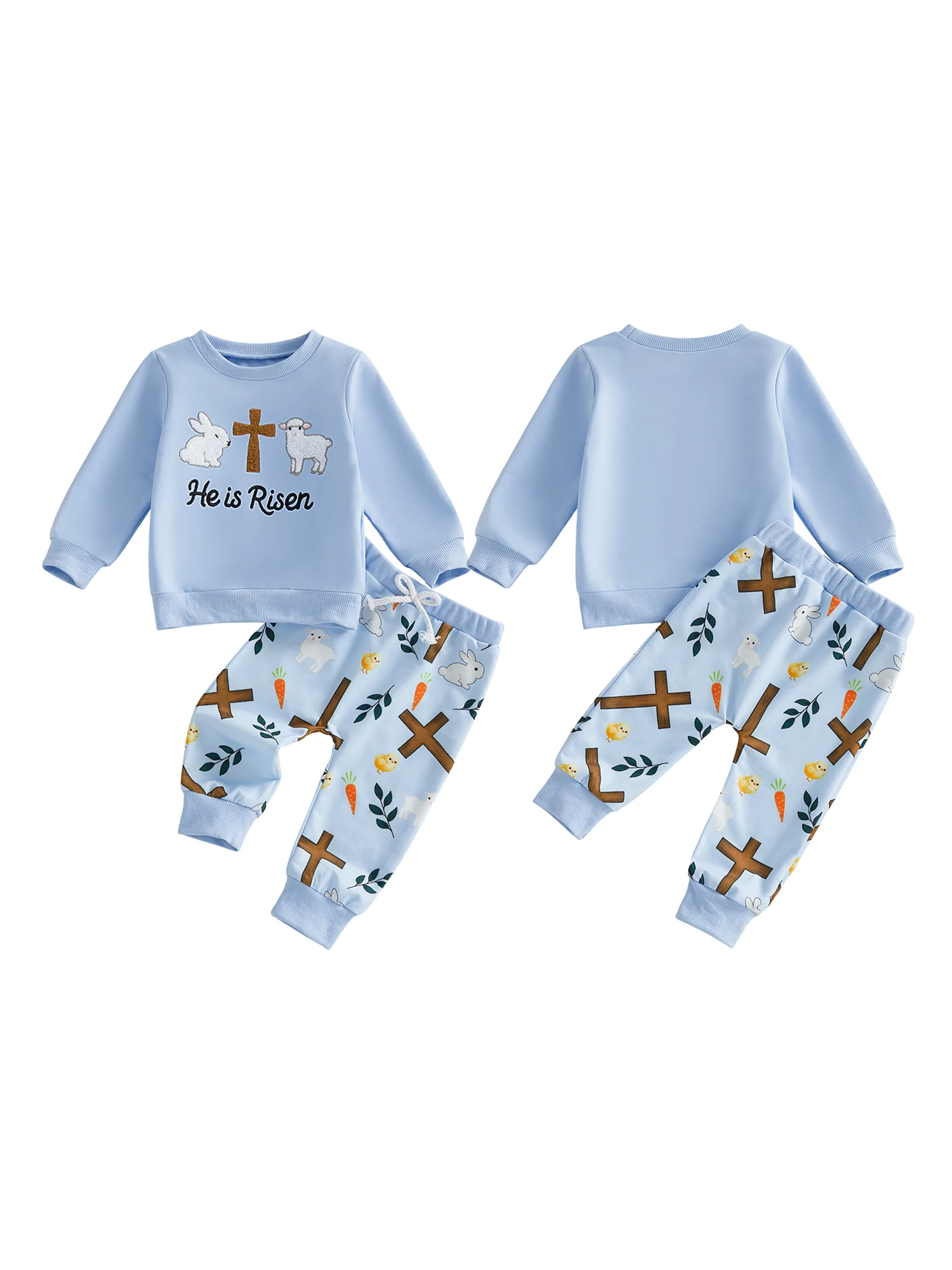 

Toddler Easter Outfit Bunny Rabbit Print Long Sleeve Sweatshirt and Elastic Pants 2 Piece Set for Baby Boy with Cross Letter