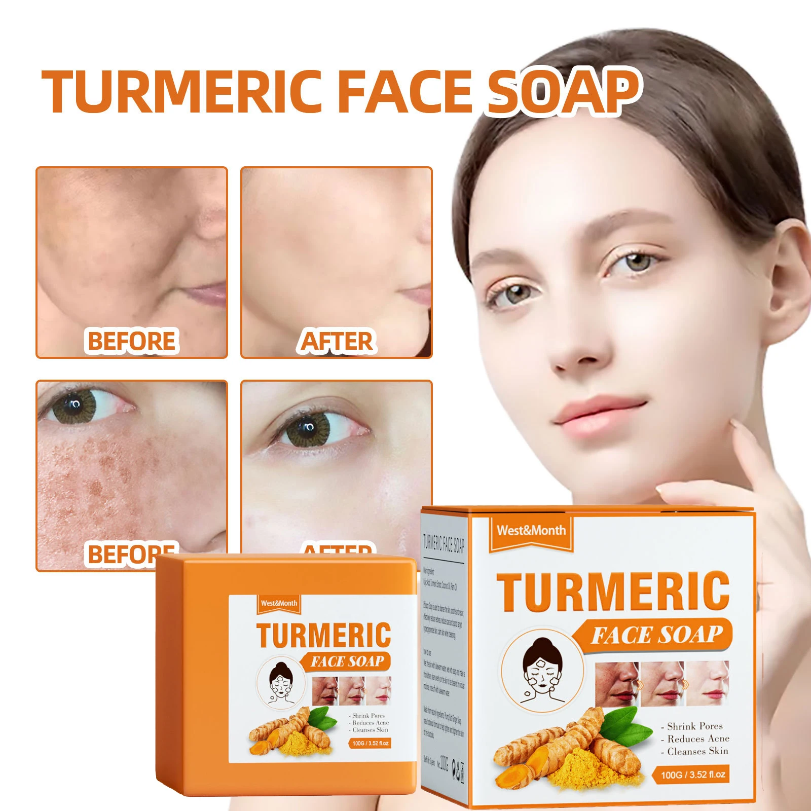 100g Turmeric Soap Original Handmade for Whitening Skin Dark Spot Facial Cleansing Anti Acne Treatment Lightening Moisturizing