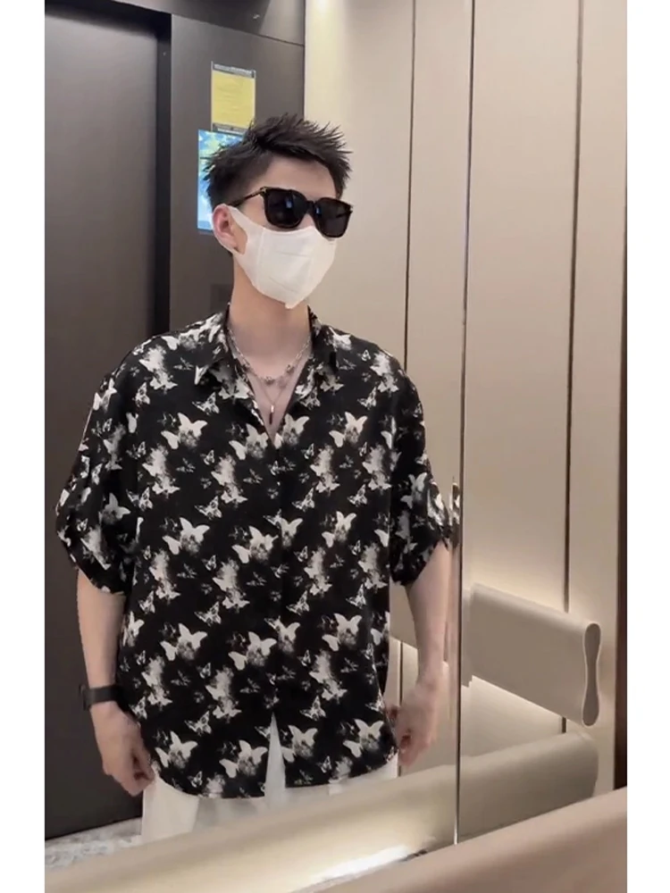 

Ice Silk Floral ort Sve Men's irt Thin Summer Lightweight Maturi High-End Feeling Five-Seven Sve irt