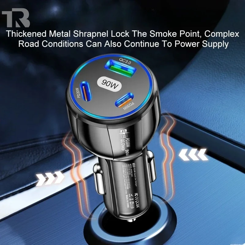 90W 3-in-1 QC3.0 PD Type C USB Car Charger Fast Charging Adapter for IPhone Xiaomi Samsung Mobile Phone Car Quick Charger Tools
