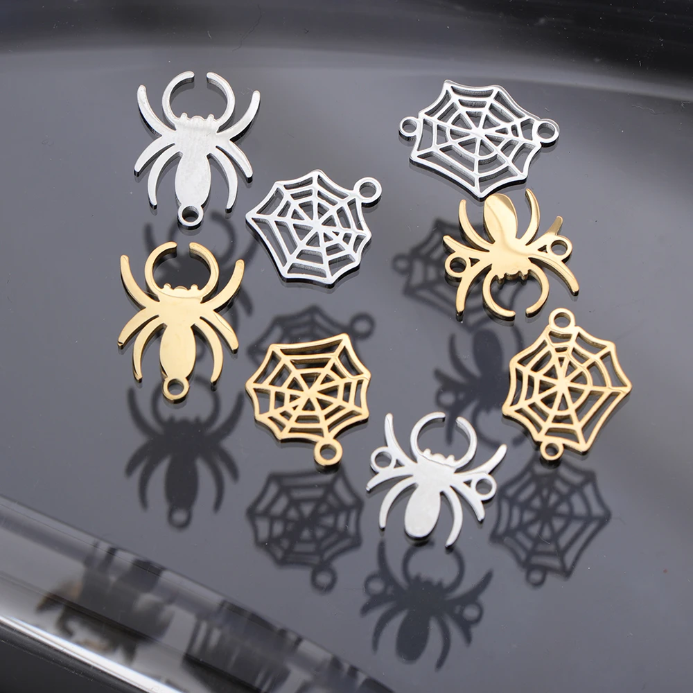 

5pcs/lot Stainless Steel Spider and Cobweb Charms Mirror Polished Mini Insect Pendants for DIY Halloween Jewelry Making