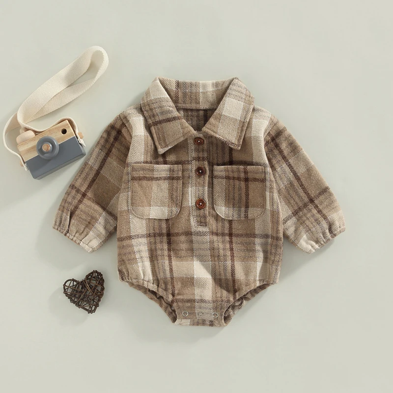 2023 Fashionable 0-24M Newborn Toddler Baby Boy Long Sleeve  Clothes Cotton Shirt Lapel Vintage Plaid 3 Colors Jumpsuit