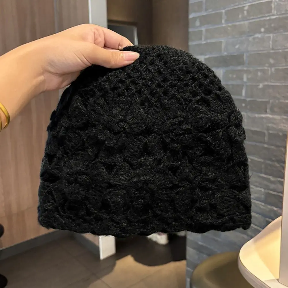 Japanese Double Layer Handmade Knitted Hat 3D Flower Hollow Flower Pullover Hat Sweet Warm Crochet Beanie Hat Travel Use