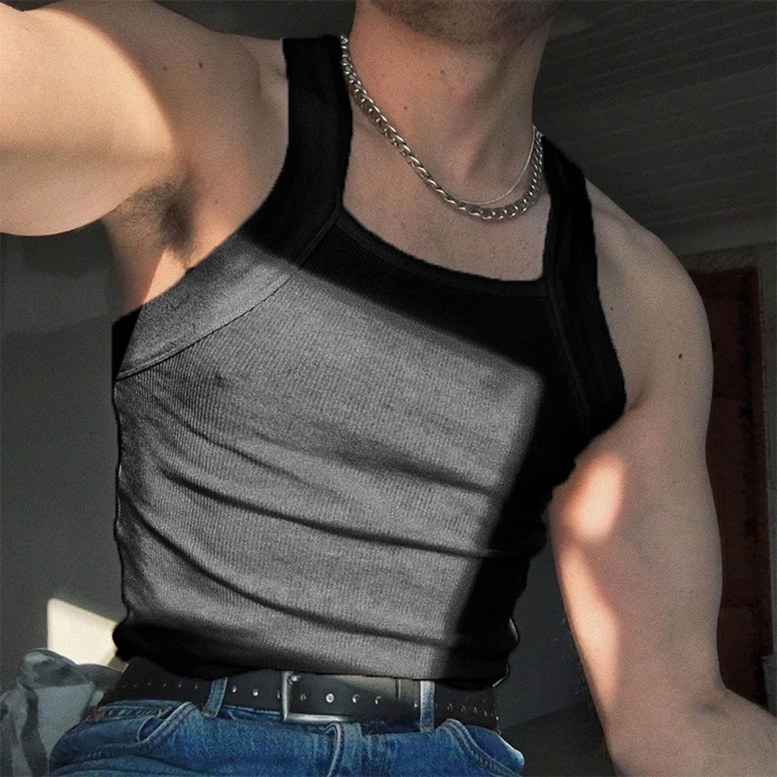 2024 Men Tank Tops Mesh Hollow Out Solid V Neck Sleeveless Streetwear Male Vests Transparent Summer Fashion Men Clothing