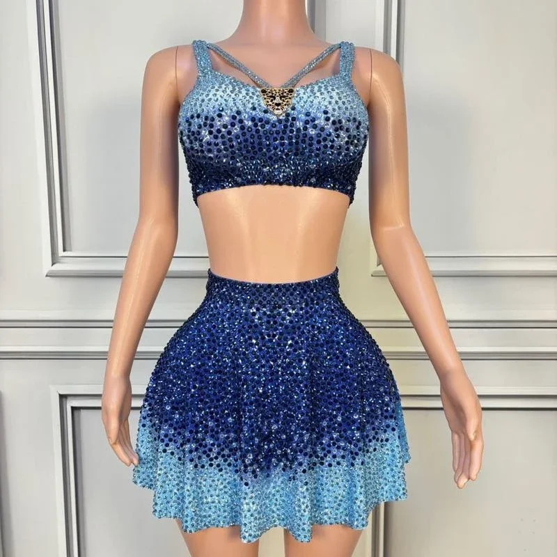 ملهى ليلي Dj Bar أنثى المغني نموذج كامل الماس القمم تنورة قصيرة مساء فستان أداء المرحلة دعوى فستان الحفلات