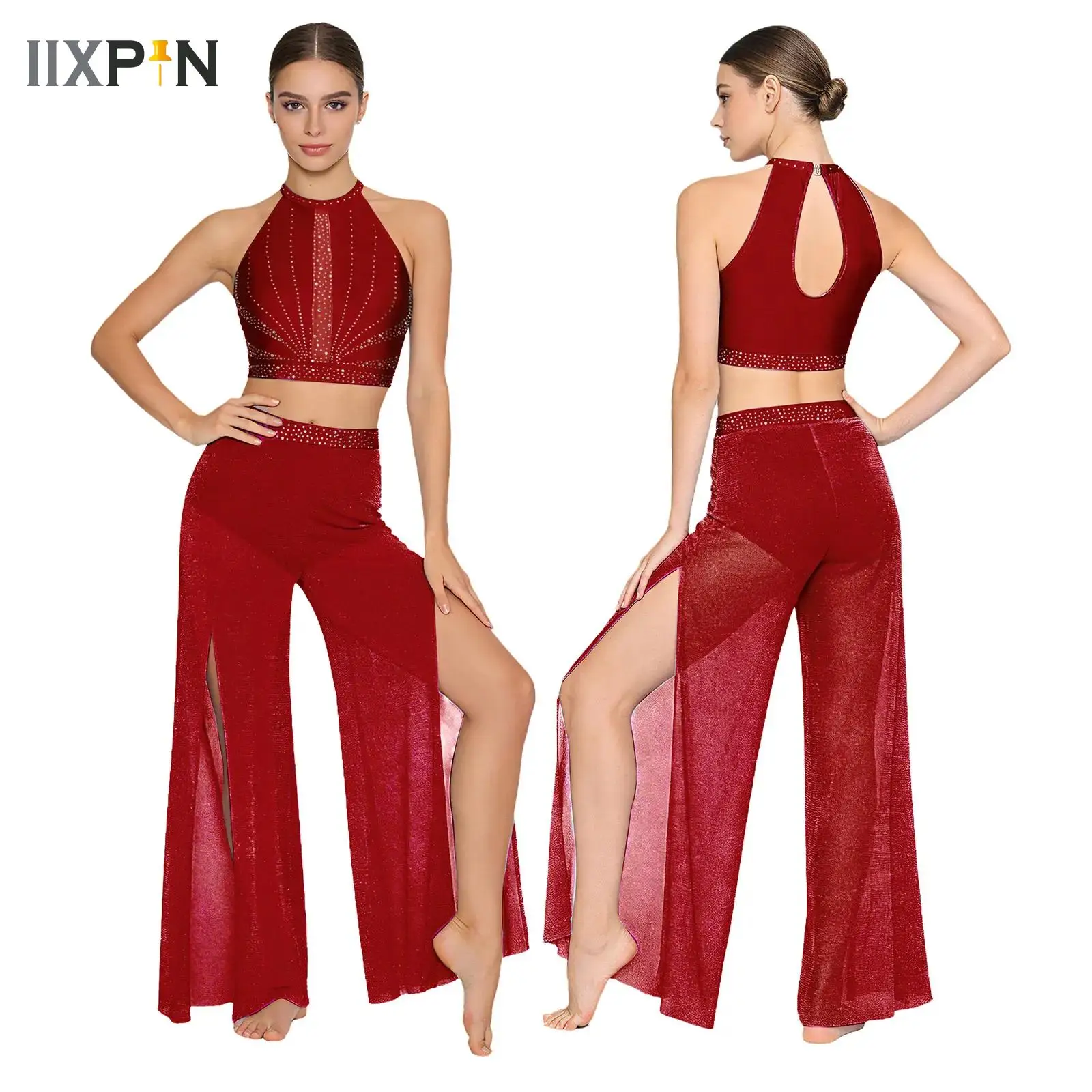 

Women Modern Lyrical Dance Performance Set Rhinestone Crop Tops with Pants Built-in Briefs Gymnastics Ballet Outfit Clothes