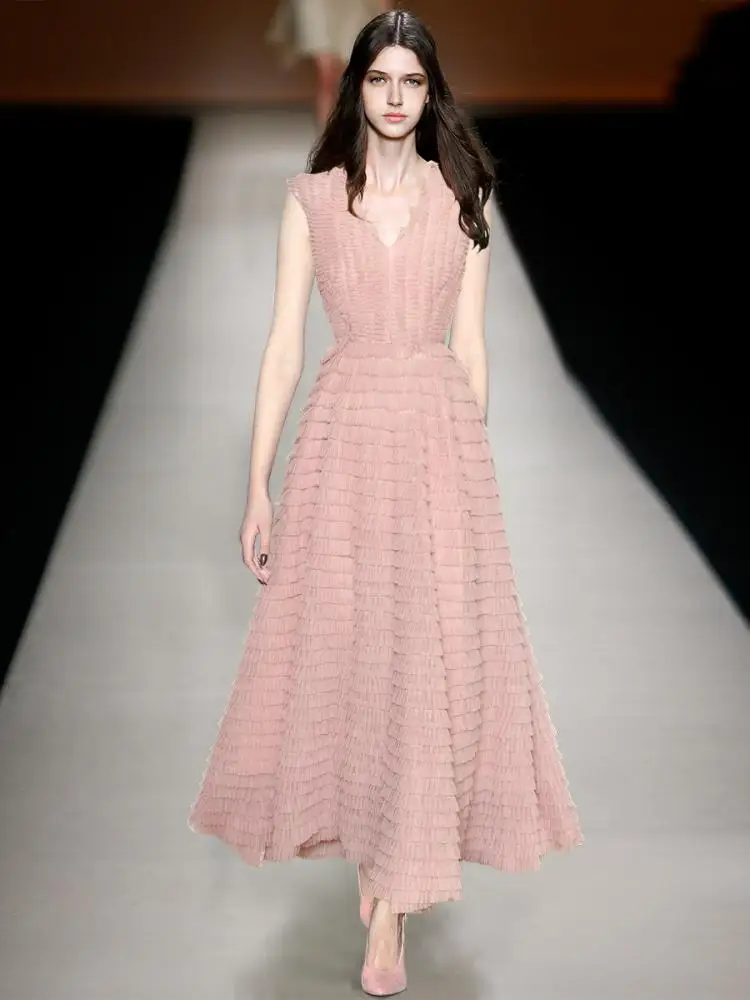 

Lady's Long Vest Dress 2025 Summer V-Neck Sleeveless Pleated Mesh Shaggy Large Hem Flounced Edge Women's X-Long Dresses