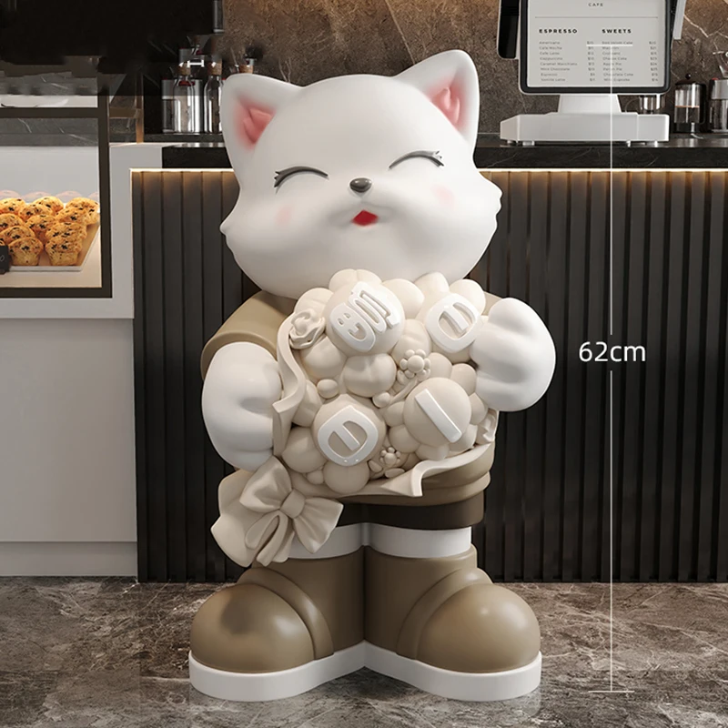 Home Decor Sculptures Figurine Decoration Accessories Flower Holding Treasure Cat Floor Ornament Living Room Resin Animal Statue