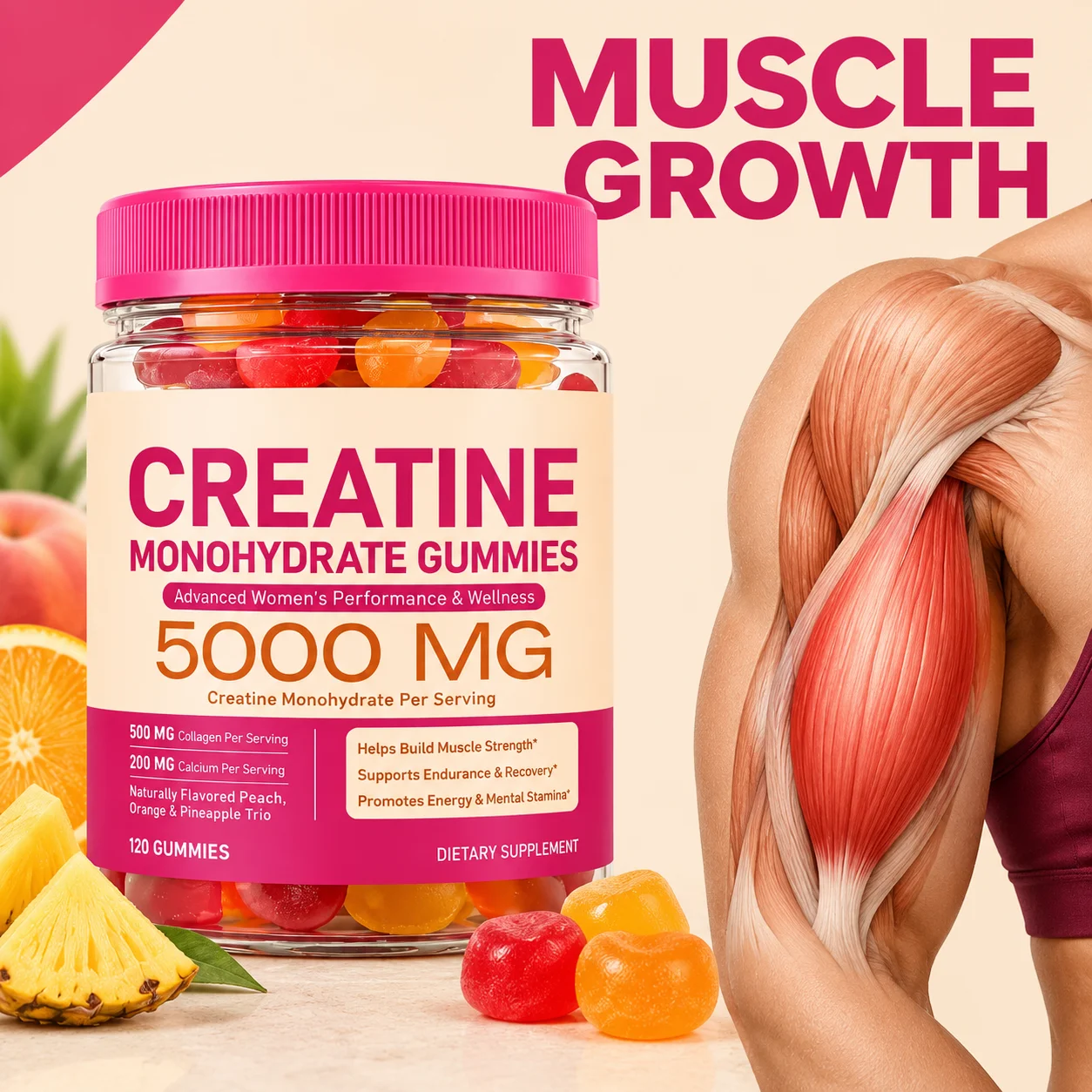 Creatine Monohydrate Gummies Muscle Growth Energy Management Endurance Skin Elasticity 5000mg Collagen Calcium Vit D3 120Gummies