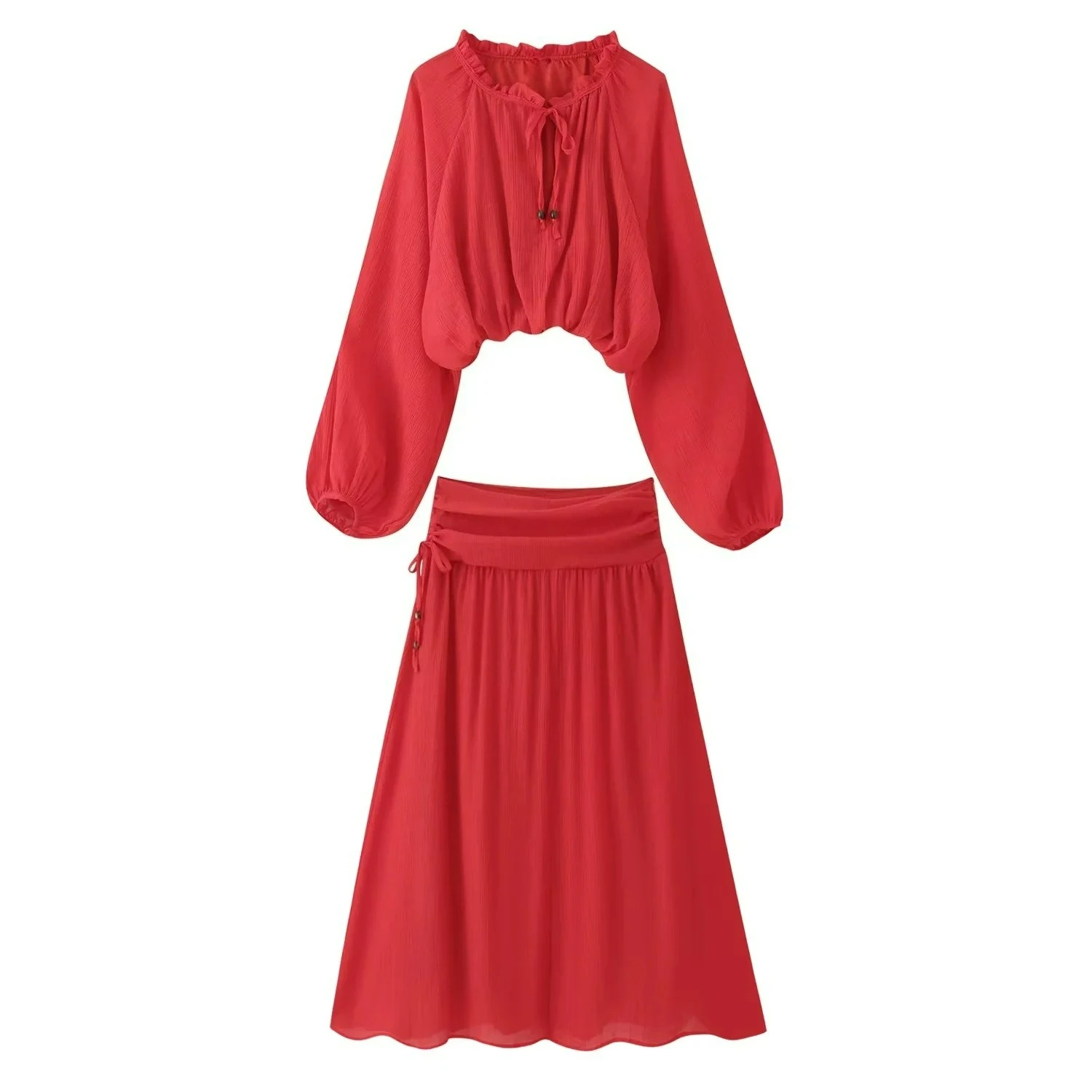 KONDALA Eleganter, süßer, schicker Damen-Rockanzug, O-Ausschnitt, kurzes Oberteil mit Schleife, langer Rock mit Schnürung, modisch, Herbst 2026, Party- und Abendgarderobe – Detail 9