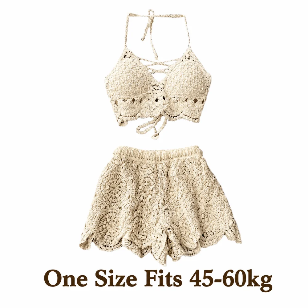 Neues Polyester-Strandoutfit: Hochtailliertes, gestricktes Neckholder-Top mit weitem Bein und kurzer Hose für den Urlaub am Meer – perfekt für Fotoshootings – Detail 1
