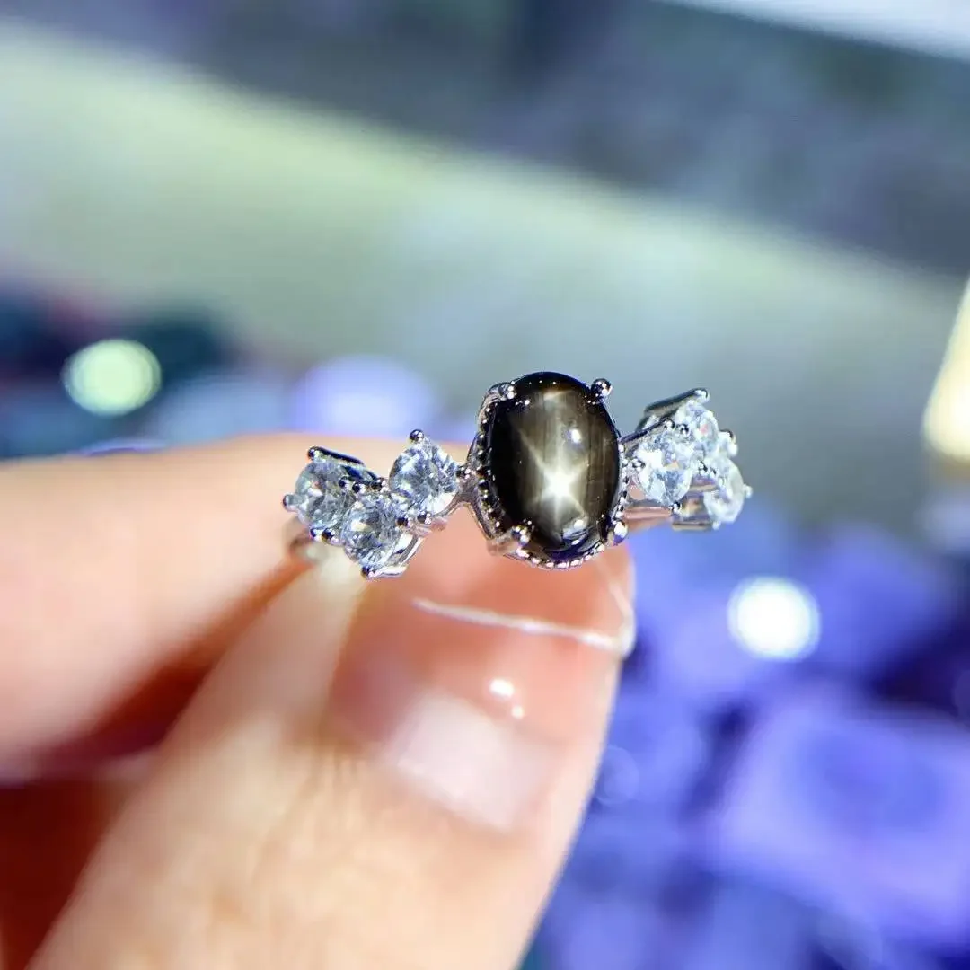 

6mm*8mm 1ct 100% Natural Star Sapphire Ring for Party Solid 925 Silver Star Light Sapphire Silver Ring Gift for Woman