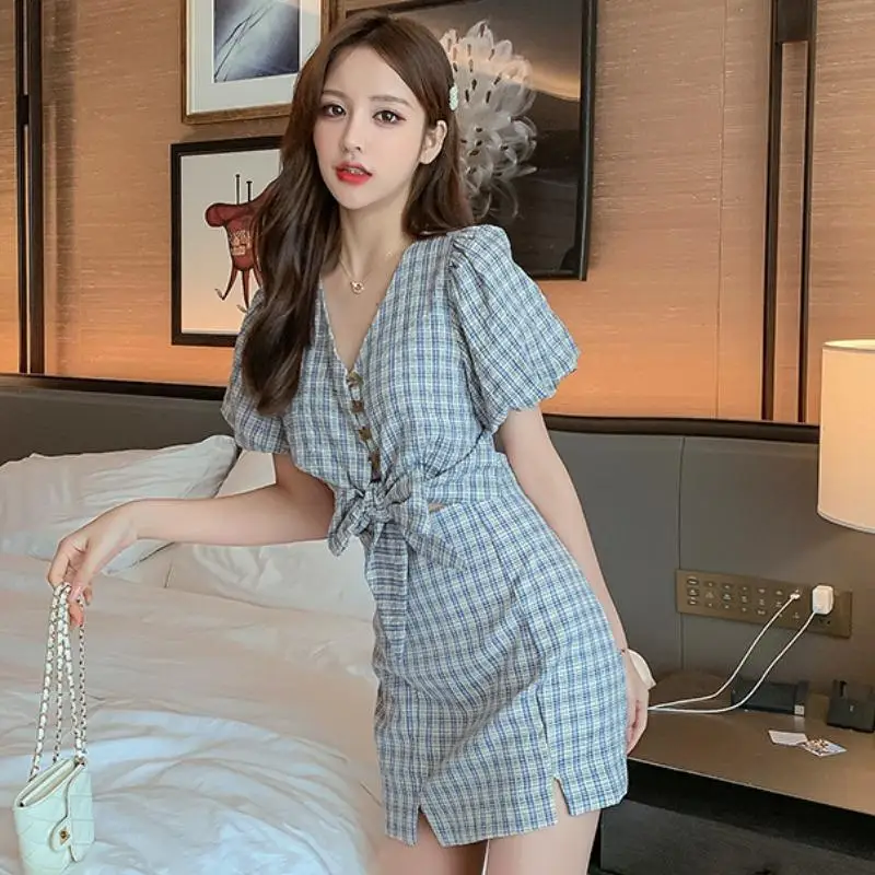 

2026 Women Summer Fashion 2 Piece Outfit V Neck Tie Front Plaid Shirt High Slit Midi Skirt Casual Elegant Suit