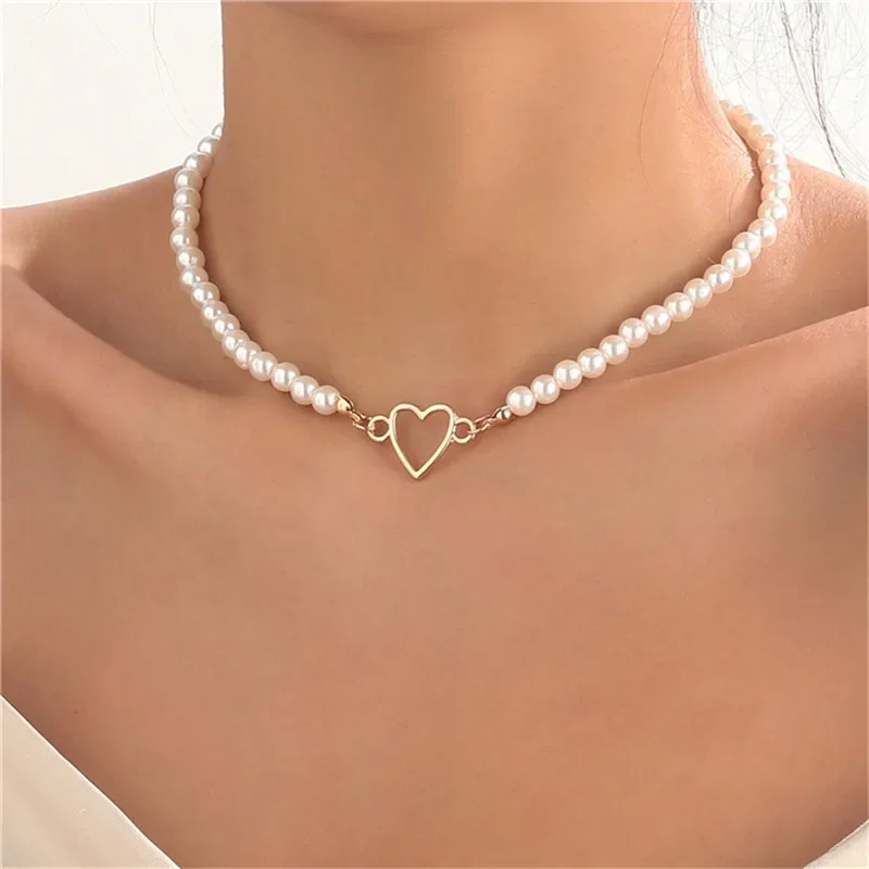 Trendy Love Heart Pearl Choker Necklace Female Personality Party Fashion Clavicle Collier Accessories Collar Gift Women Earrings