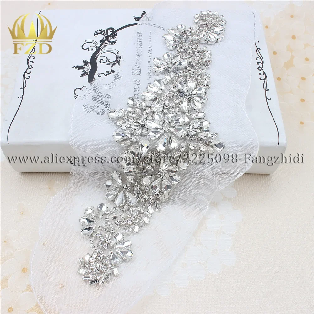 FZD 1 Piece Handmade Rhinestones Sewing on Crystal white Gauze Applique Rhinestone Trim for Wedding Bridal Dress Clothes FA-880