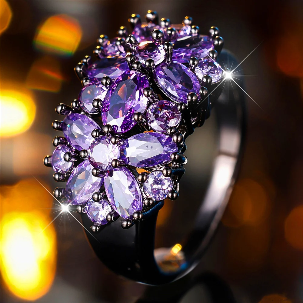 Luxury Female Purple Oval Zircon Stone Round Finger Ring Vintage Black Gold Color Wedding Band Bridal Jewelry For Women