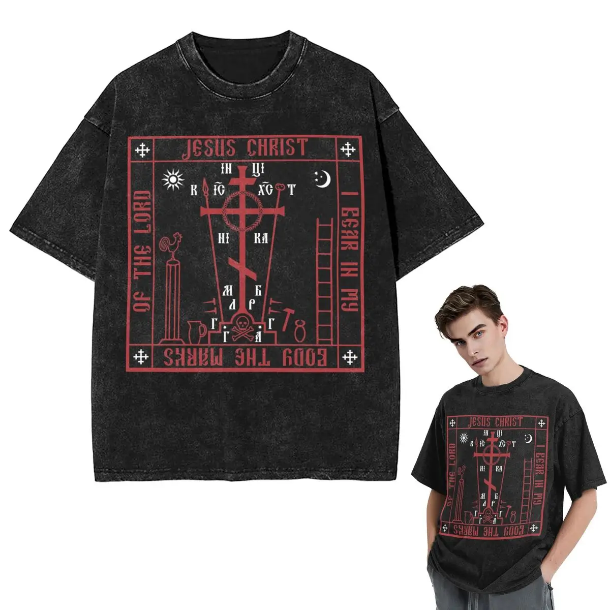 Streetwear T-Shirts Calvary Cross Of Russian Orthodox Church Washed T Shirt Short Sleeve Hip Hop T-Shirt Tops Tees for Men Women