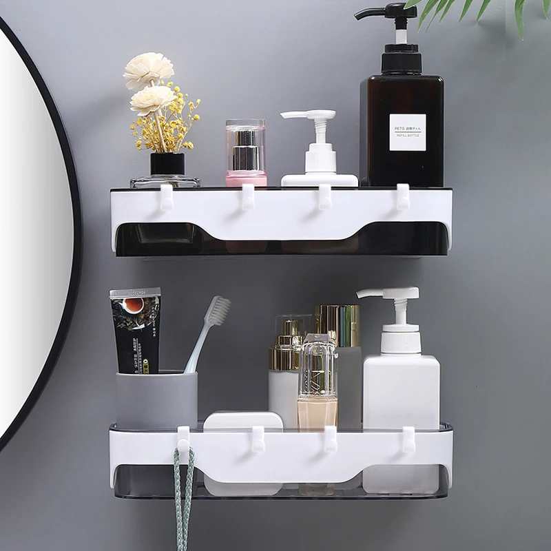 Wall-Mounted Plastic Bathroom Shelf With Hook Organizer For Shampoo Cosmetics Kitchen Organizer Household Bathroom Accessories