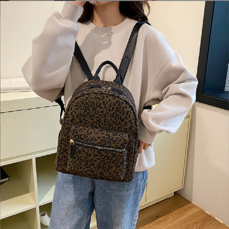 New Women\'s Korean Fashion Leopard Canvas Backpacks Large Capacity Casual Travel Shoulder Bags Totes School Bag Knapsack