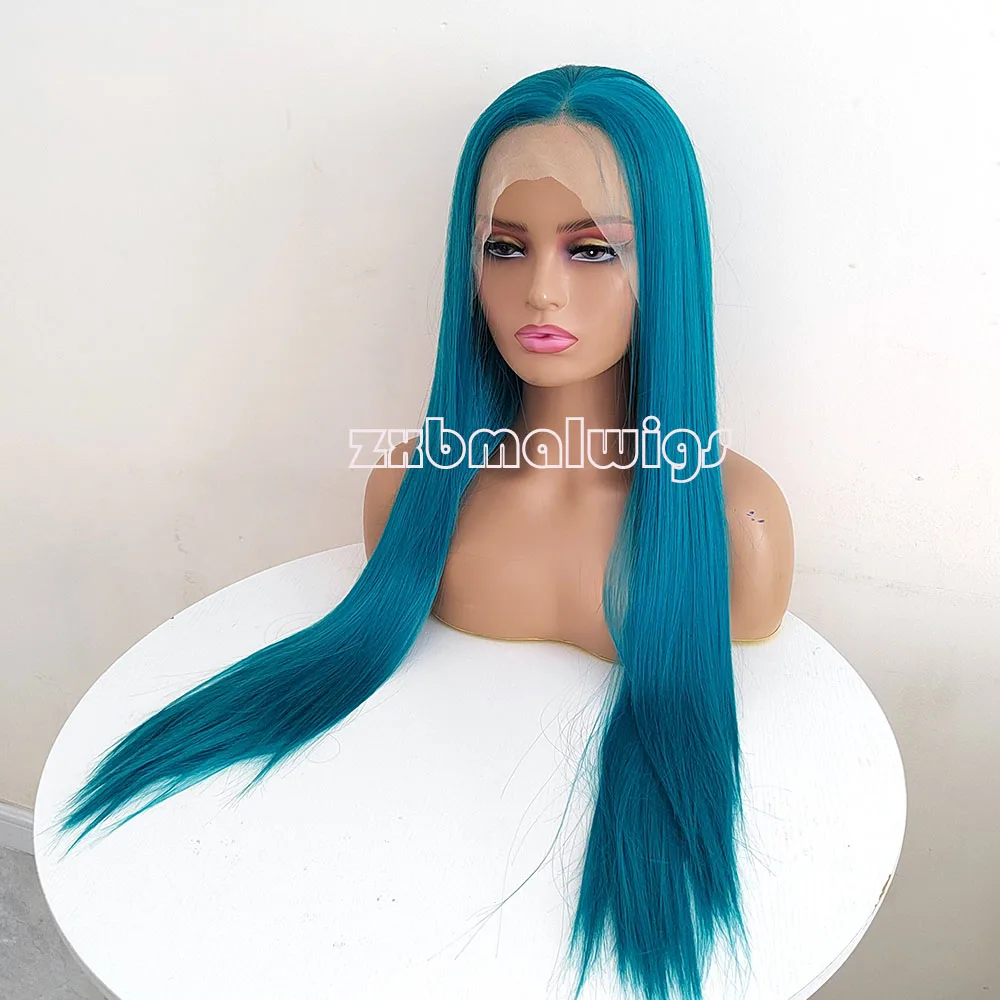 

ZXBMALWIGS Synthetic Hair Straight Blue 26Inches Transparent Lace Front Wigs for Black Women Glueless Cosplay