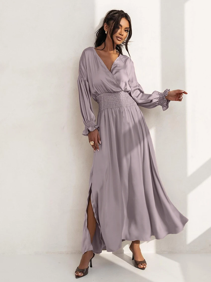 

Marthaqiqi Casual Ladies Nightgowns Sexy V-Neck Sleepwear Long Sleeve Pajamas Split Nightwear Ankle-Length Dress Female Nightie