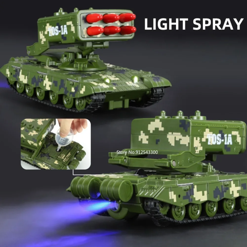 1/32 TOS-1A T34 99A Rocket Tank Model Car Toy Alloy Diecast Sound Light Pull Back Spray Military Models Decorative Gift for Boys