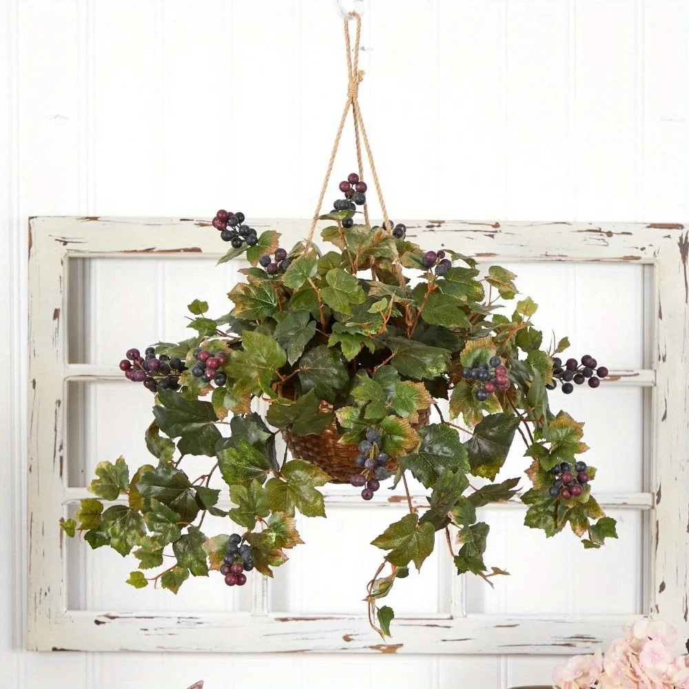 Grape leaf hanging basket Silk plants Colorful berries home decor