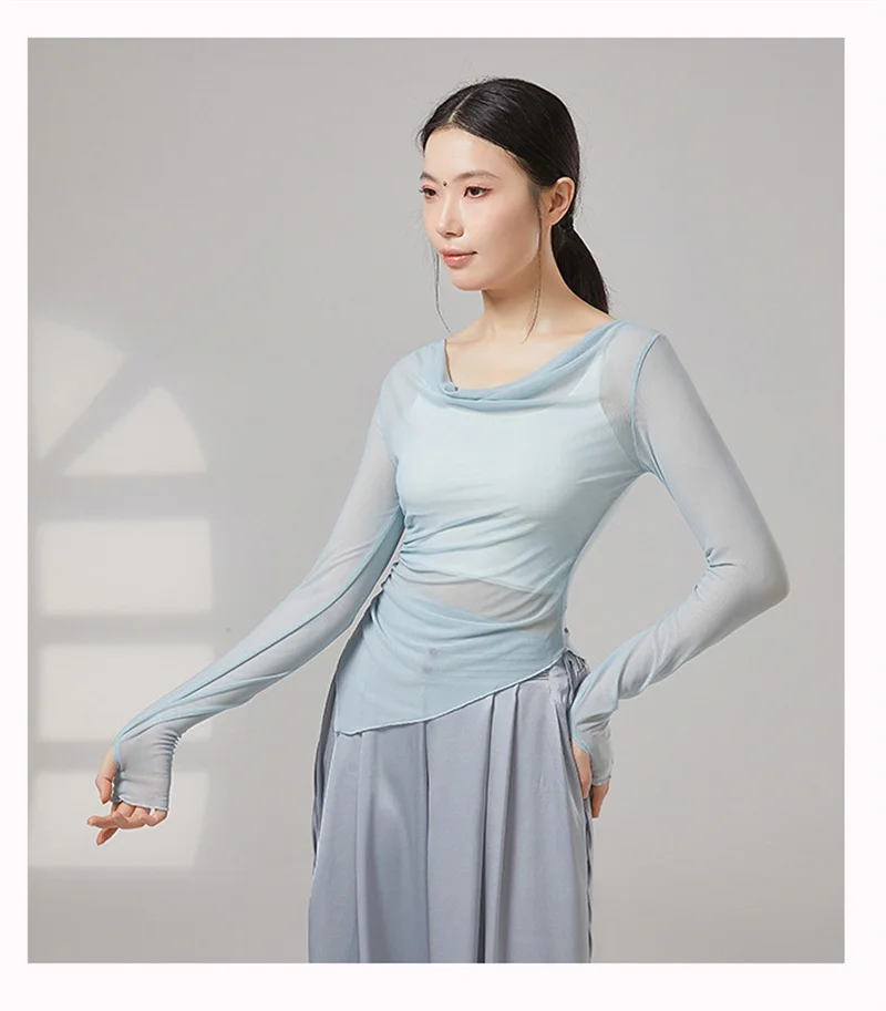 Damen Transparentes Mesh-Tanzoberteil Langarm Atmungsaktive Durchsichtige Enganliegende Bluse Klassisches Modernes Latein-Tanz Übungskostüm – Detail 4