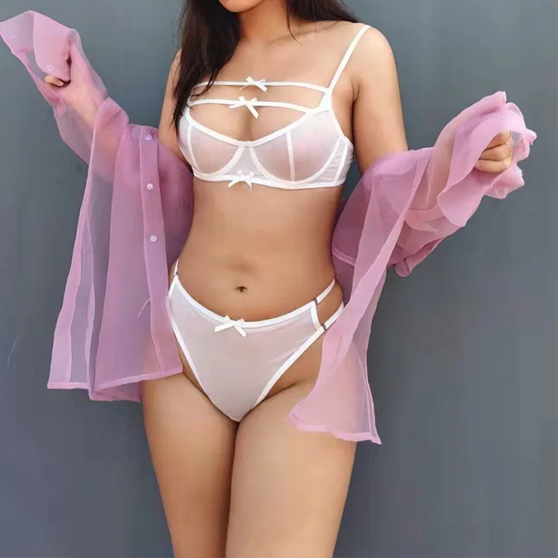 Ultra-thin Half Cup Bra Underwear Sets Sexy Lace With Steel Rings Gathering Pure Desire Transparent Lingerie Panty Set