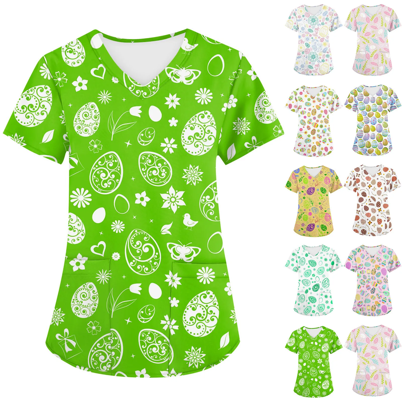 Easter Eggs Print Scrubs Top For Womens Short Sleeve V Neck Nurse Uniform Blouse With Pockets Easter T-Shirt Nursing Working Top