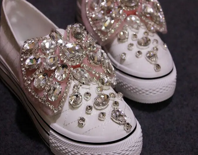 New Fresh Water Diamond Bow Flat Bottom Canvas Shoes