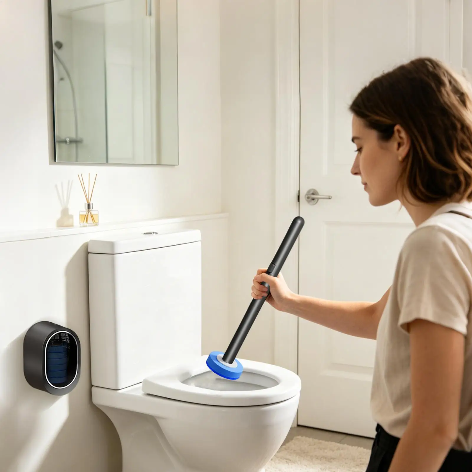 Toilet Wand Kit Wall Mounted Holder Set with 8 Refill Heads Household Toilet Cleaning Brush for Bathroom Home Travel Apartment