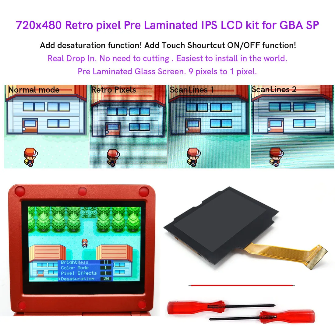 New HD GBA SP Replacements IPS V5 Retro pixel Drop in  Laminated LCD Mod Screen Kits for Gameboy Advance SP with New Shell