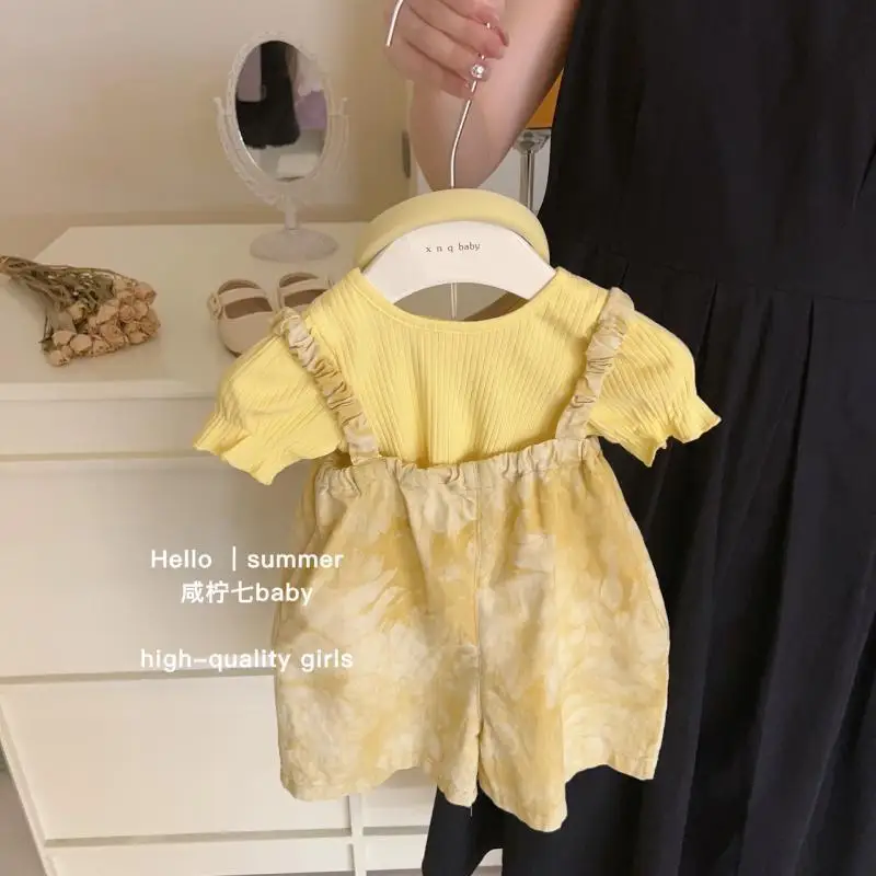 

Summer Kids Girls Outfits Korean Ribbed Bubble Short Sleeve Infant Girl Tees Suspenders 2PCS Set All Printed Strappy Shorts Suit