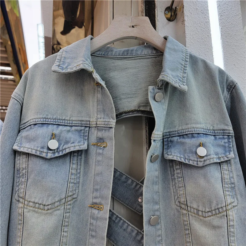 Vintage Short Denim Coat Women\'s 2024Spring New Back Hollow Fashion Jackets Top Design Sense Fried Street Jeans Female Outerwear