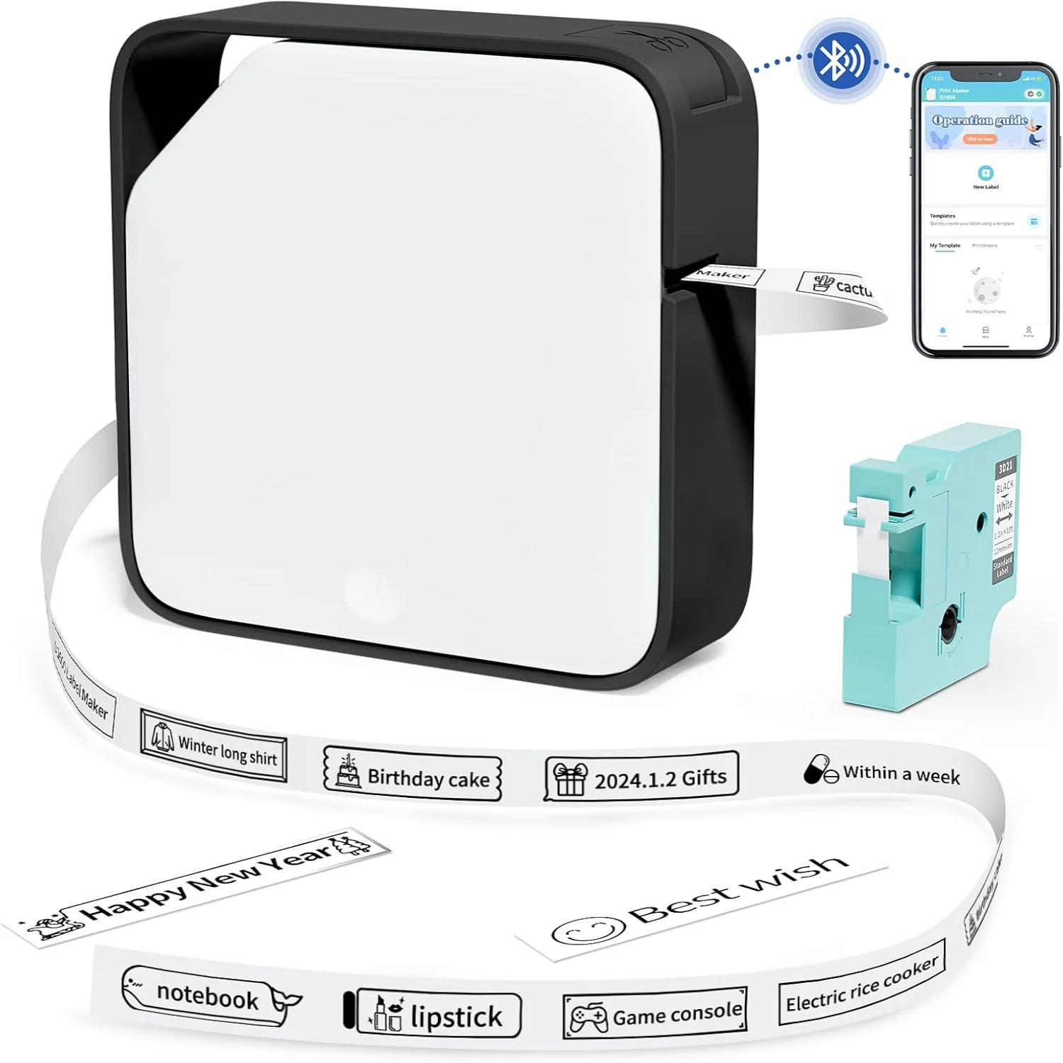 Label Maker Machine with Tape, D1600 Bluetooth  Portable  Label Printer (multiple fonts/Icons/stickers) with Waterprooof Tape 1/