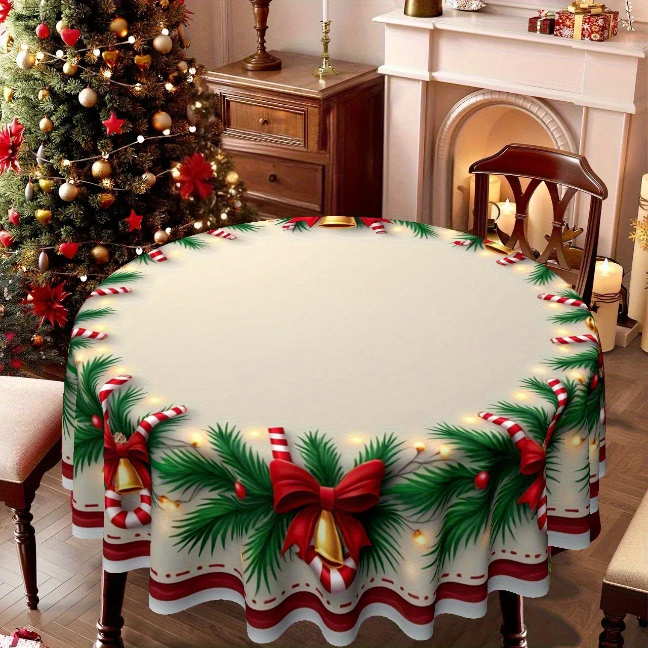 Christmas theme, round tablecloth with festive wreath design, pine needles, candy bars, bows and bells, perfect