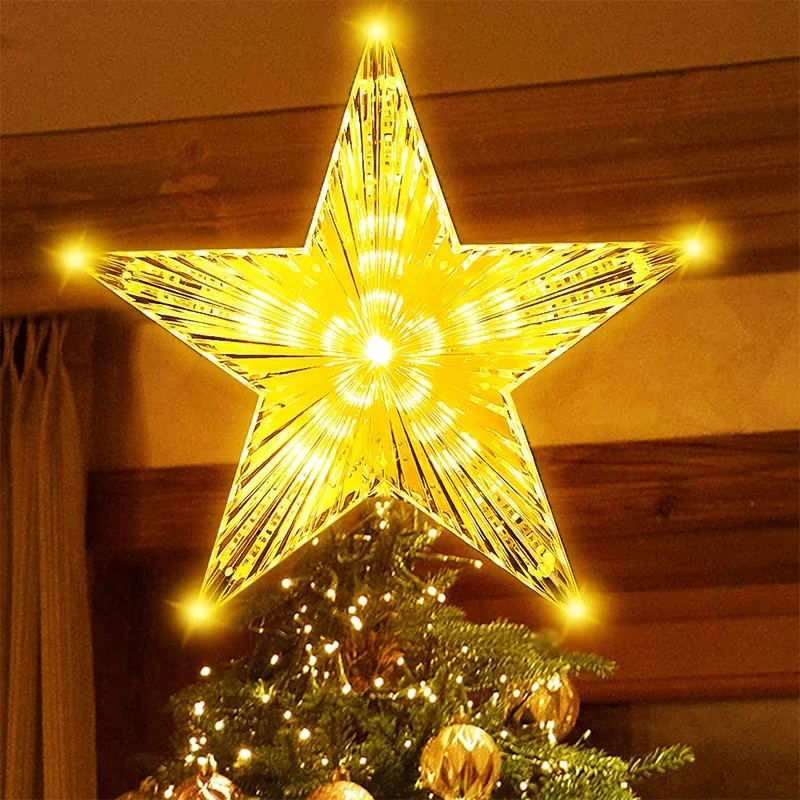 18cm Christmas Tree Top Lights Shining Star Vertical Grain Pentagram LED Glowing Plug-in Fairy Lamp Ornament Navidad Home Decor