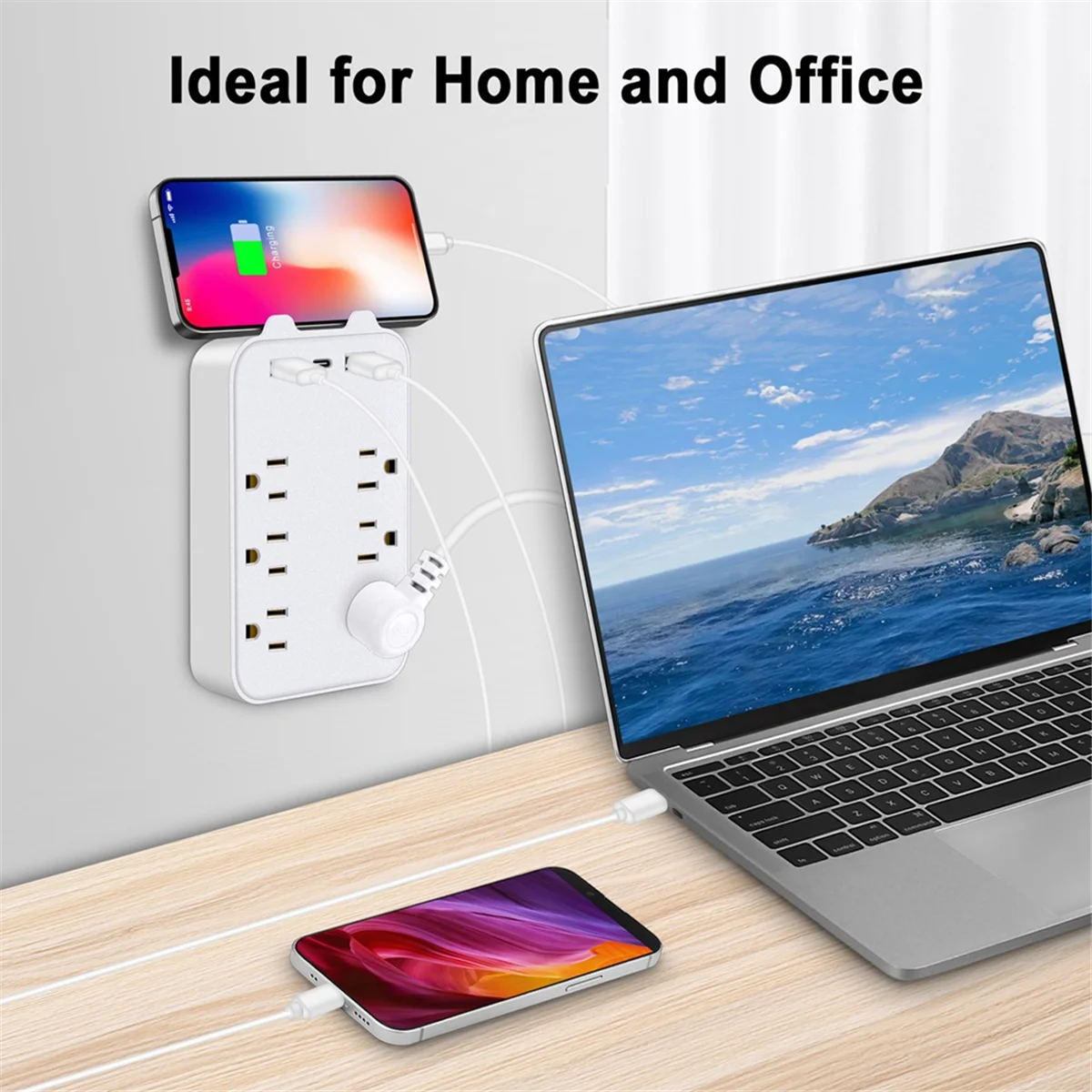 Protector contra sobretensiones 9 en 1, extensor de 6 salidas con 3 puertos USB, tomas de corriente, adaptador de pared, enchufe estadounidense espaciado