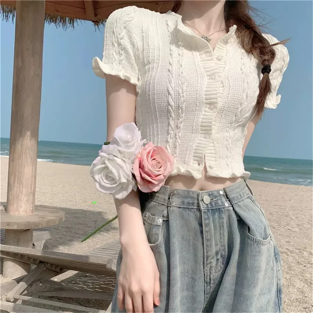 Korean Style Fashion White Cardigan Women Summer Ruffles Striped O-neck Sweet All-match Casual Students Stylish Cropped Tops