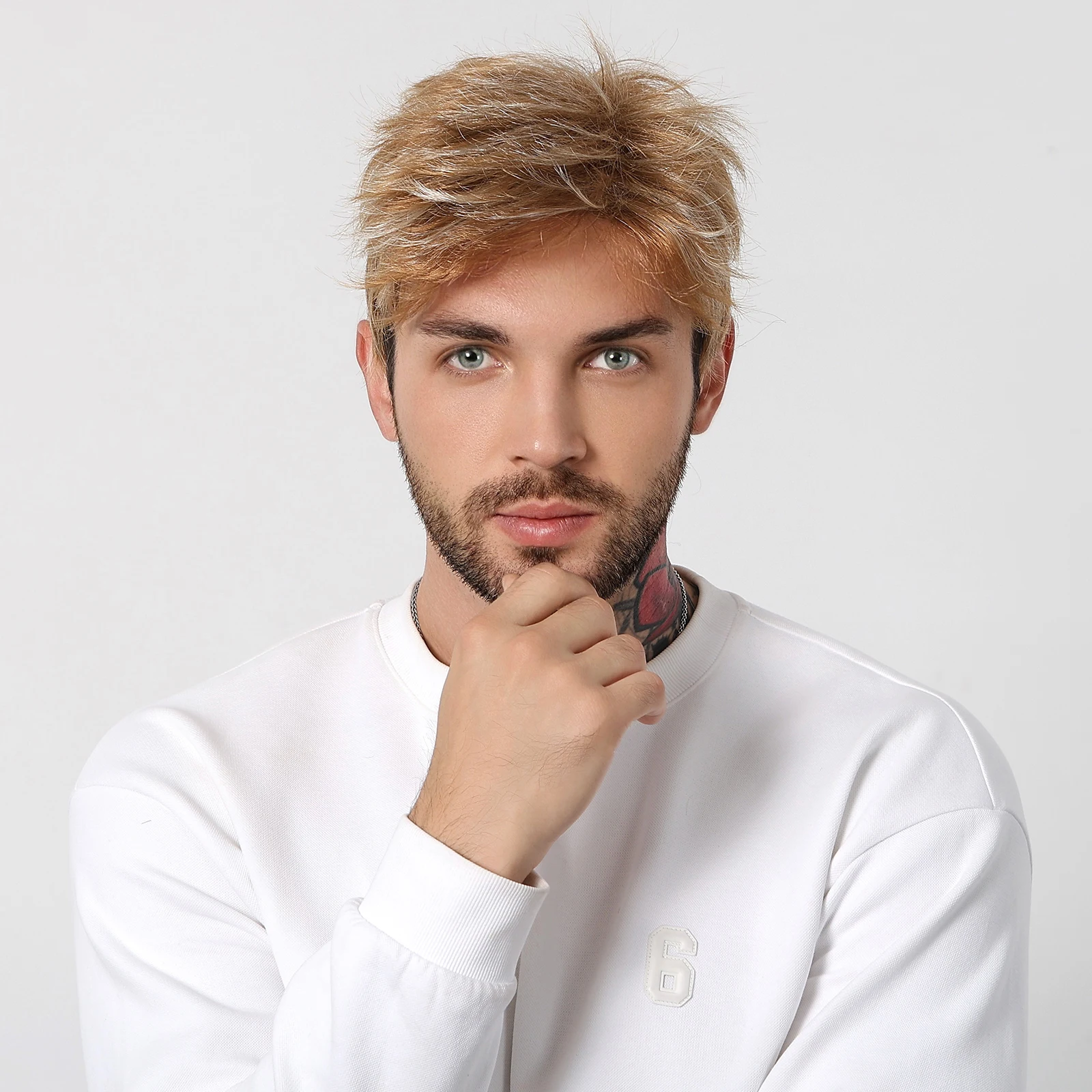 HAIRCUBE Short Men's Brown Blonde Layered Synthetic Wigs Natural Blonde Fake Hair Wigs for Mature Male Guys Halloween Party Wig