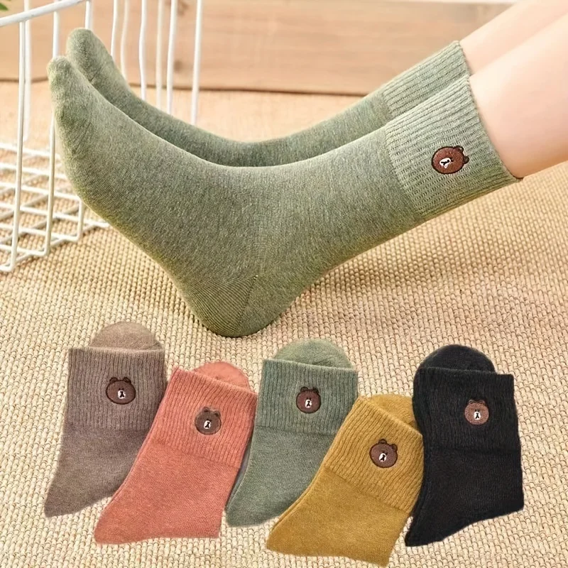 

10pcs/5 Pairs Comfortable Bear PatternWoman Mid Calf Socks - Soft and Warm Socks, Mid Socks, Sports Socks, Machine Washable