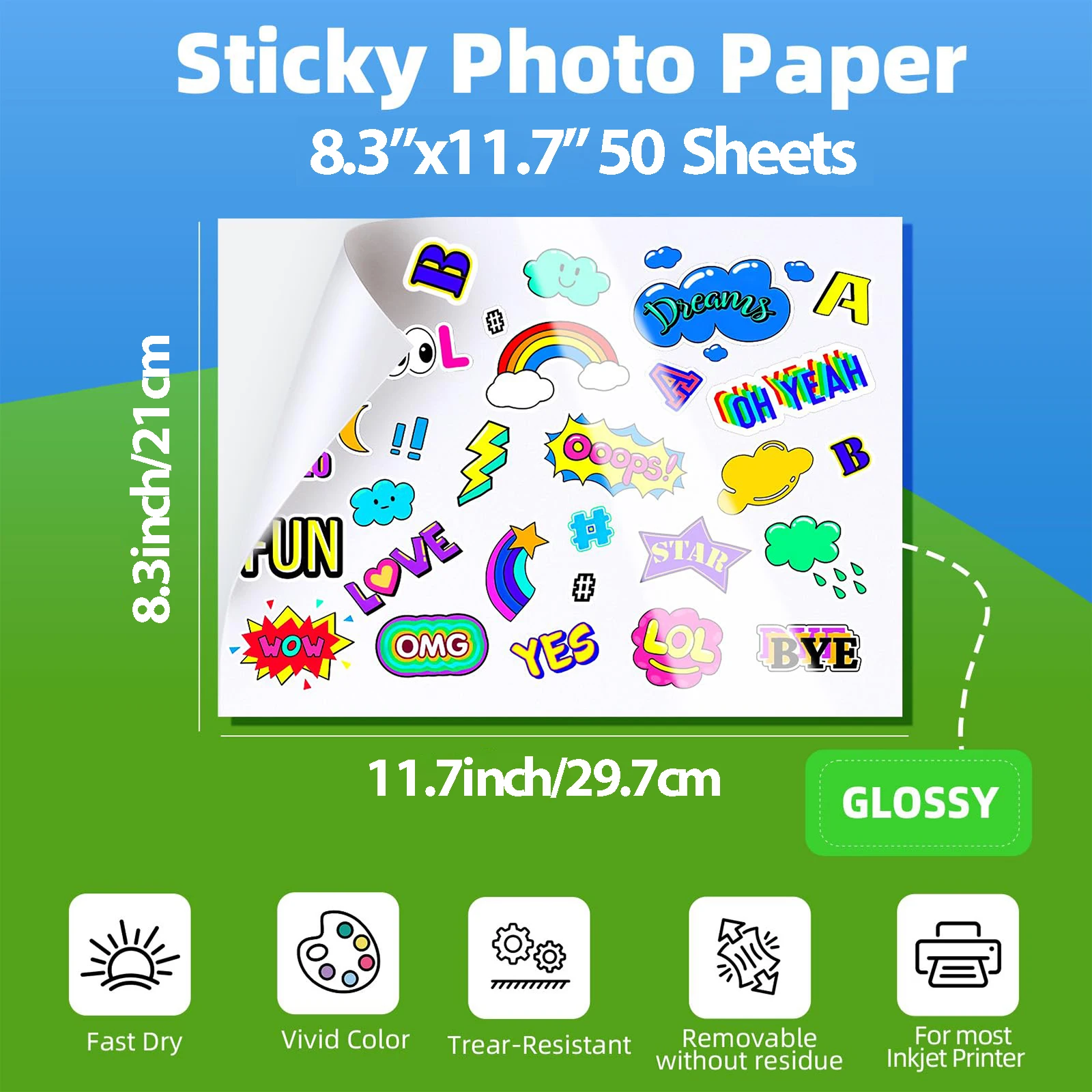 50 Sheets A4 Size Printable Glossy Sticker Photo Paper 8.3x11.7 Full Sheet Inkjet Self Adhesive Label For for Scrapbooking
