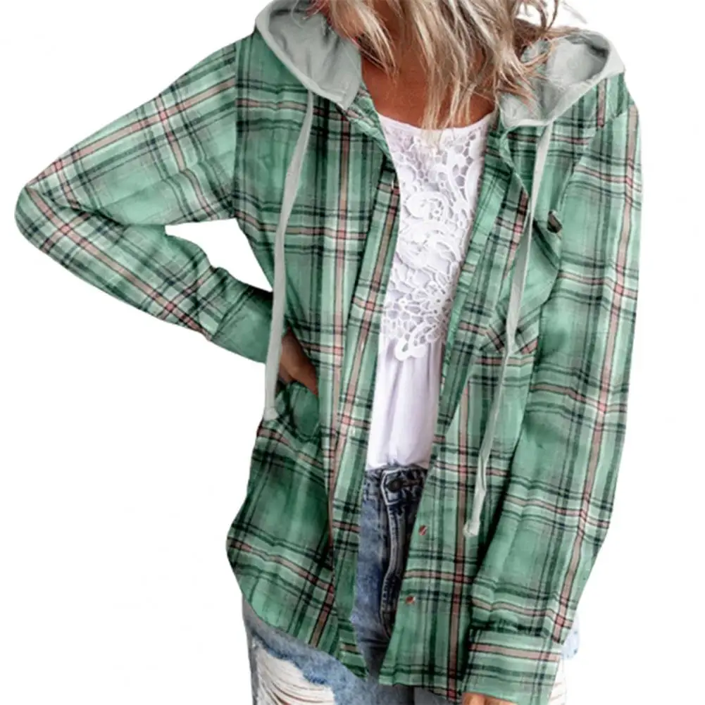 Women\'s Shirt Plaid Single-breasted Hooded Pocket Spring All Match Streetwear Fashion Autumn Soft Long Sleeve for Daily Wear