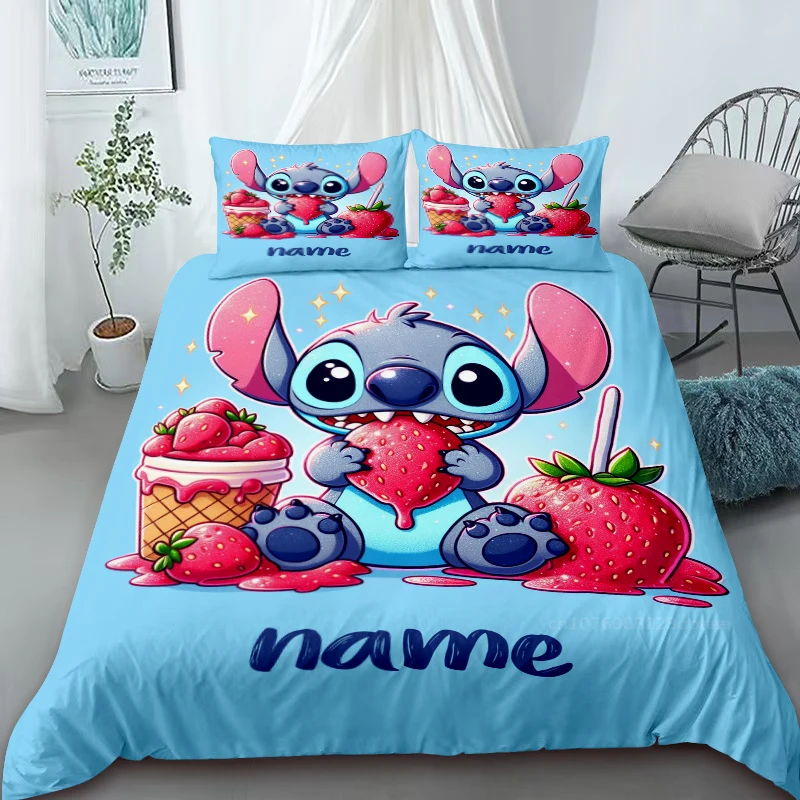 Duvet Cover Custom Name Stitch Eating Strawberry Blue Background Large King Size Children Adult Gift