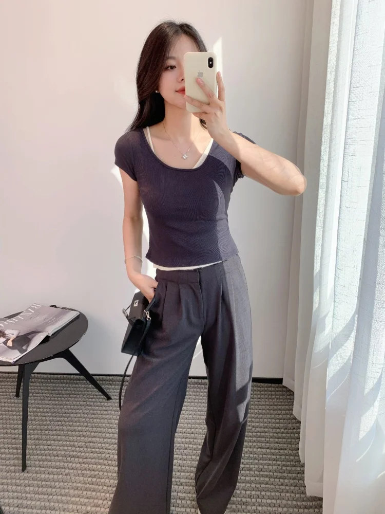 

Thoey Chen Women's ort Sve round Ne Wool Silk Vest Summer Two-Piece Set Casual Sle Slim Fit Wool Blend T-irt